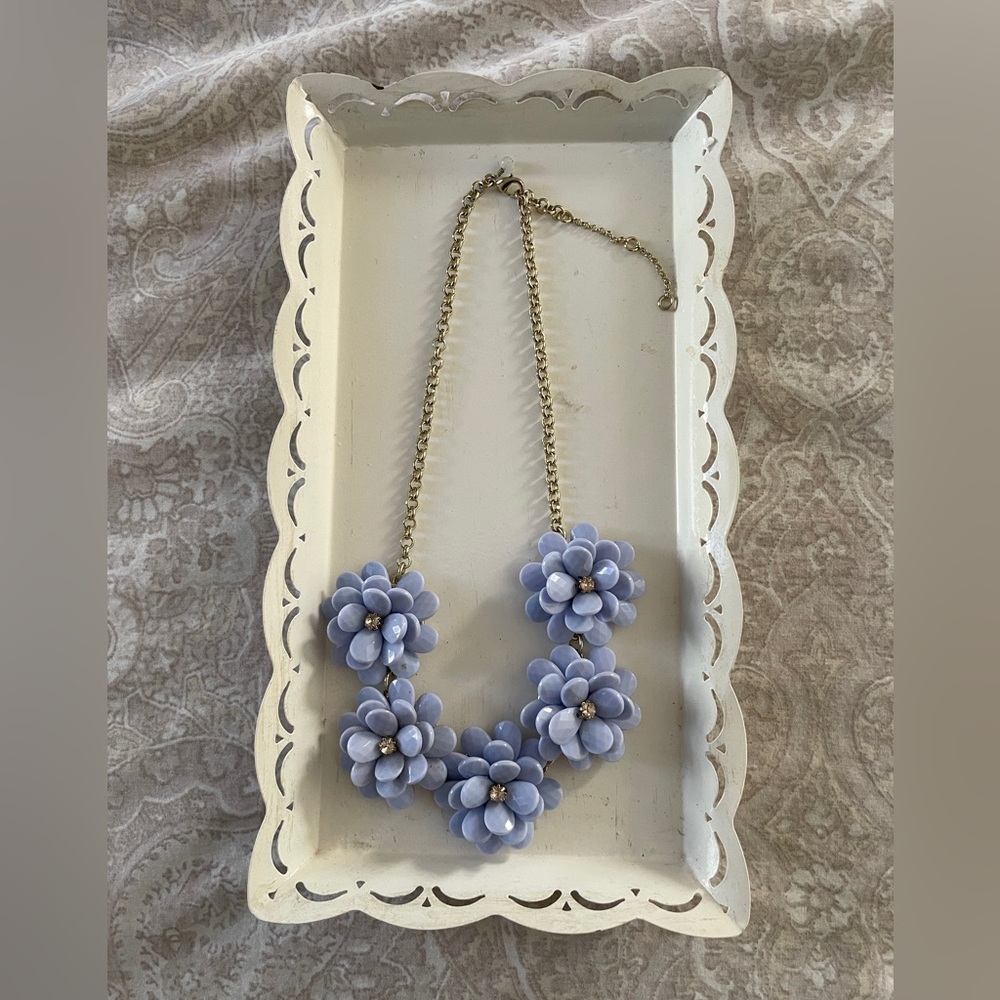 Cornflower blue flower necklace 17”, gold chain with extender